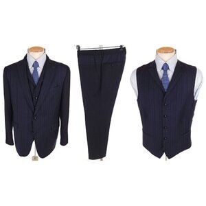 Etro Wool & Cashmere Multi Fabric Pinstripe 3pc Suit 54 US 44 Navy